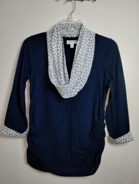 Elle (Sz M) Navy Blue Stretch 3/4 Sleeve Polka Dot Scarf (2PC) Knit Sweater Set